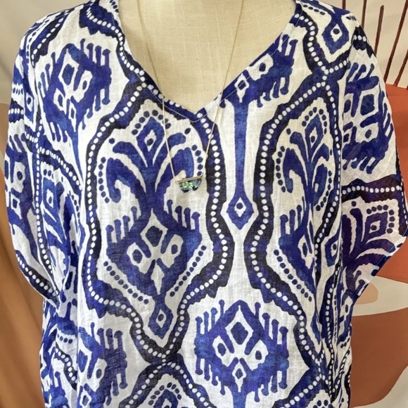 Artsy Chicos Womens 100% Linen Ikat Printed Poncho Beach Top White Blue S/M Boho - Picture 7 of 10